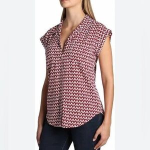 JACHS GIRLFRIEND Urban/Modern Chevron Wine/White Cap SLV V-Neck Career Blouse L